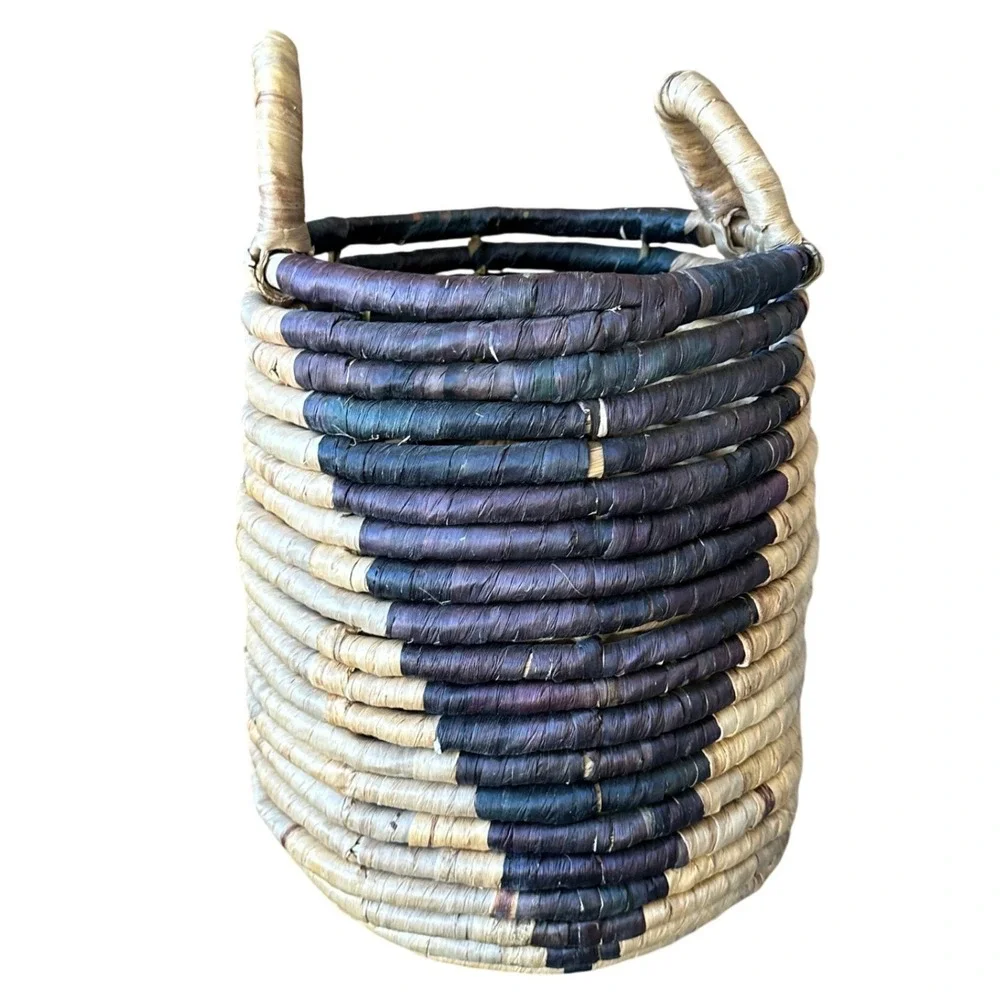 Handwoven Natural Fiber Basket Tall Cylinder Two Tone Blue Tan Boho Decor
